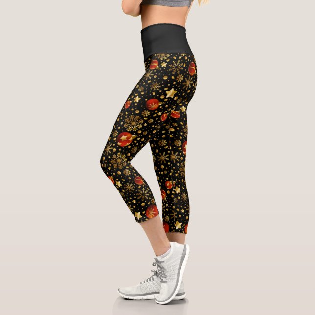 Leggings Capri Ornements de Noël en or et rouge (Gauche)