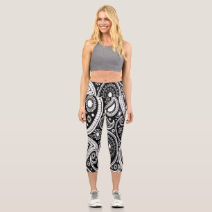 Leggings Capri Paisley noir et blanc Imprimer Pantalon de Yoga