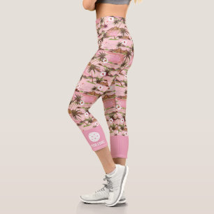 Leggings Capri Palmiers Tropicaux Rose Texte Personnalisé Pickleb