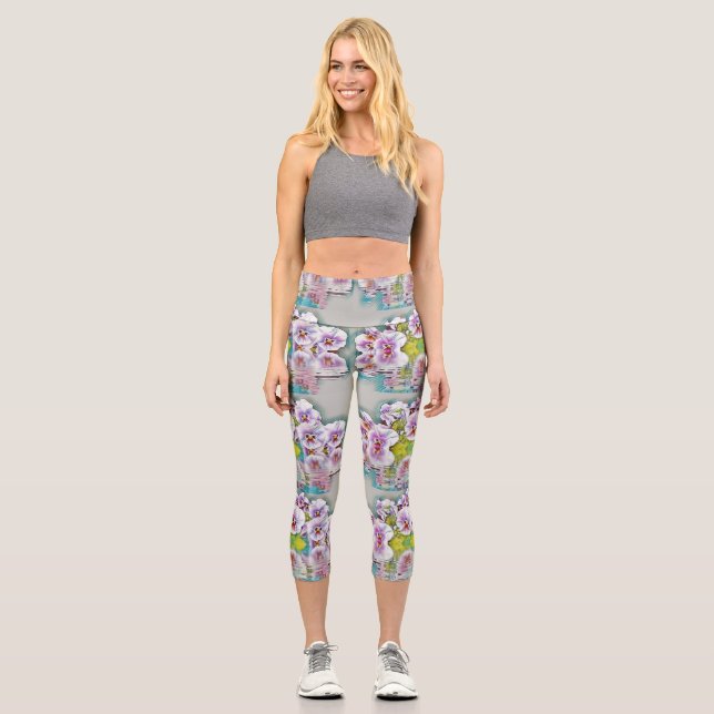 Leggings Capri Pansies blanches roses près de l'aquarelle (Recto)