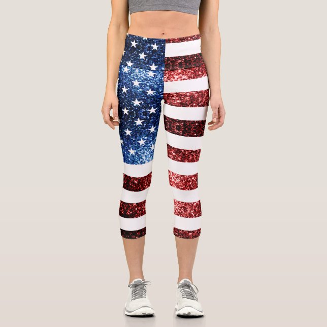 Leggings Capri PARTIES SCINTILLANT américaines drapeau rouge bleu (Recto)