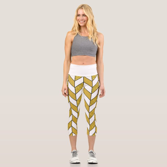 Leggings Capri Parties scintillant d'or Herringbone Chevron (Recto)