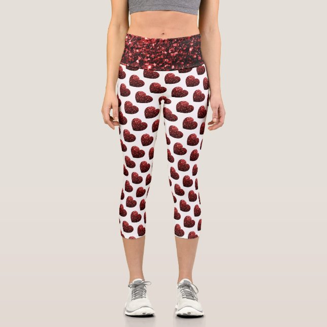 Leggings Capri Parties scintillant rouge flamme motif de coeur (Recto)