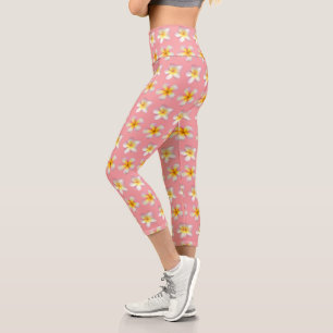 Leggings Capri Pastel Frangipani Plumeria Fleurs sur rose
