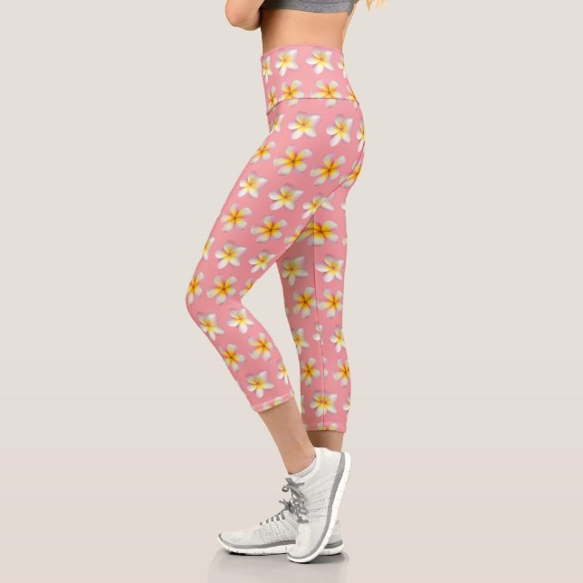 Leggings Capri Pastel Frangipani Plumeria Fleurs sur rose (Gauche)