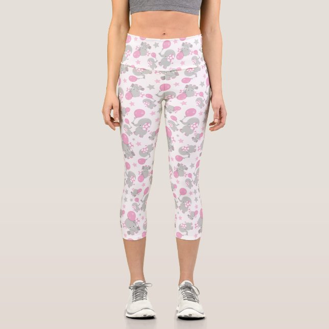 Leggings Capri Pattern of Elephants, Cute Elephants - Pink Gray (Recto)