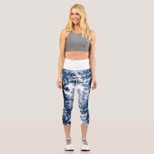Leggings Capri Paysage vintage du chalet Toile-Bleu & Blanc