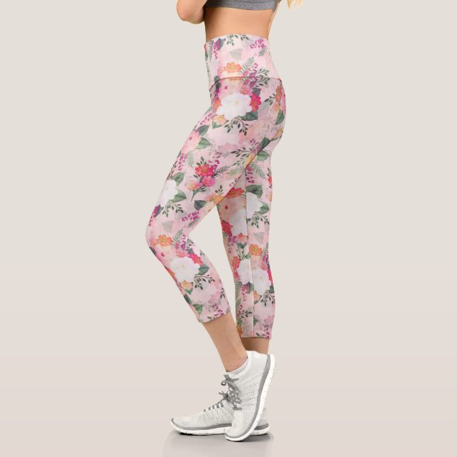 Leggings Capri Peinture d'aquarelle rose romantique (Gauche)