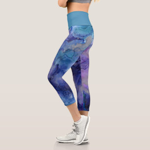 Leggings Capri Peinture marbrée bleu et violet à l'aquarelle liqu