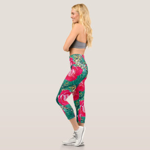 Leggings Capri Peinture Rose à fleurs rouges stylisée