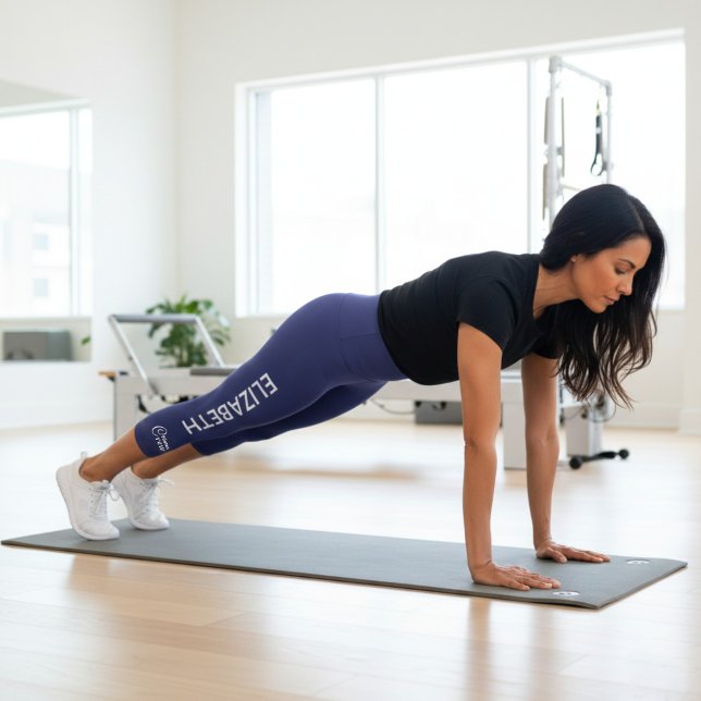 Leggings Capri Personalized Pilates Crew Reformer / Mat Blue (Pilates leggings worn by a female in a Pilates Studio.)
