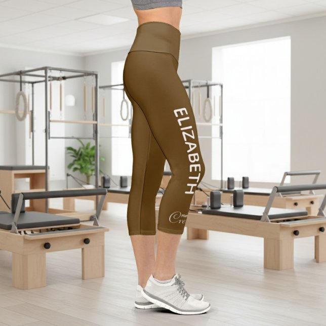 Leggings Capri Personalized Pilates Crew Reformer Or Mat Espresso (Pilates personalized brown capri leggings in a Pilates studio background)