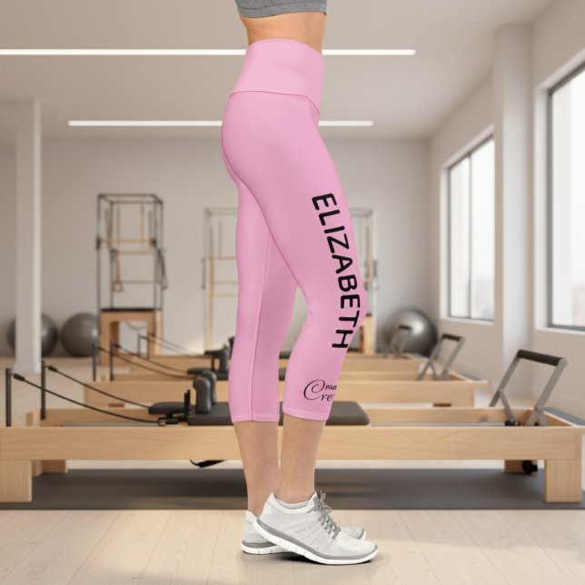 Leggings Capri Personalized Pilates Crew Reformer Or Mat Pink (Pink personalized leggings right leg. Gym background.)