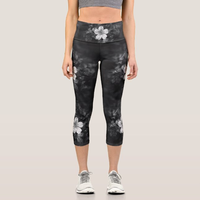 Leggings Capri Pétale à fleurs noir et blanc minimaliste (Recto)