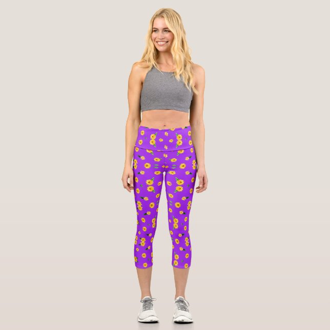 Leggings Capri Petit tournesol sur arrière - plan violet clair (Recto)