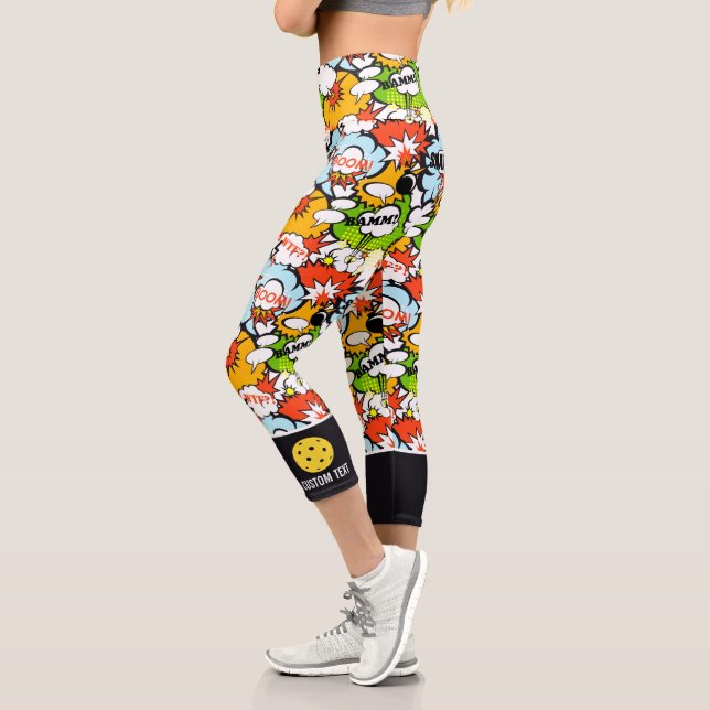 Leggings Capri Pickleball Design Super Hero Pop Art drôle Personn (Gauche)