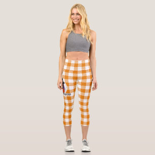 Leggings Capri Pilgrim owl on Orange Plaid - Happy Thanksgiving