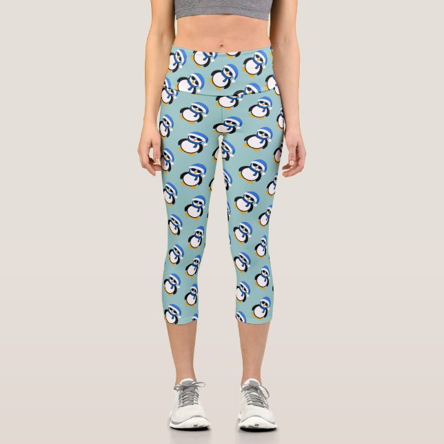Leggings Capri Pingouin cool de Noël motif d'hiver bleu (Recto)