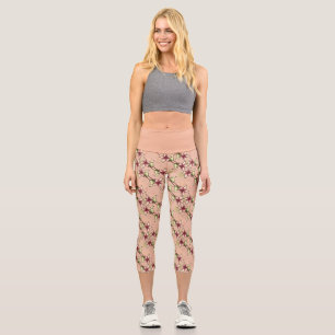 Leggings Capri Pink Poinsettia Diagonal Stripé Noël