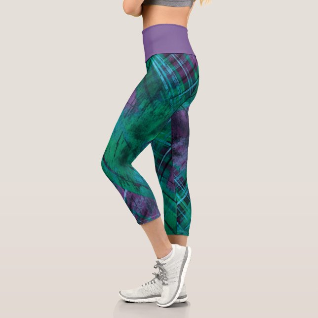 Leggings Capri Plaid Check Purple Green Tartan Mauve ceinture (Gauche)
