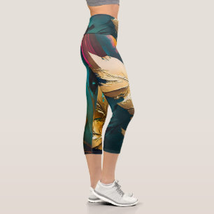 Leggings Capri Plume Dorée – Élégance Abstraite Luxueuse