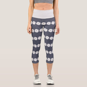Leggings Capri Pois de la Marine et grandes fleurs blanches