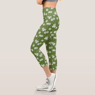 Leggings Capri Pois et marguerites - Blanc, Sable et Palm Green