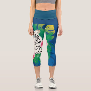 Leggings Capri Portrait de tigre blanc avec feuilles tropicaux