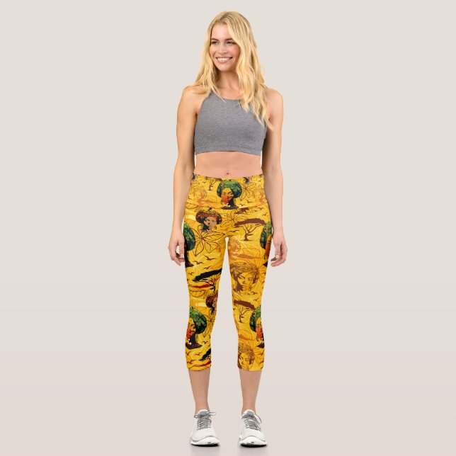 Leggings Capri Portrait féminin africain avec coucher de soleil (Recto)