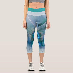 Leggings Capri Position, Abstrait bleu turquoise fractal