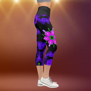 Leggings Capri Psychédélique Hippie Fleur rose violet et vert Le