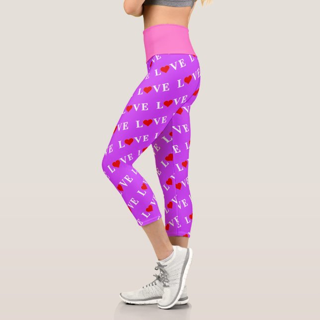 Leggings Capri Purple LOVE Heart Motif Moderne Chic Élégant (Gauche)
