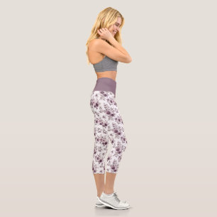 Leggings Capri Purple Mauve Floral Flowers Yoga Exercice