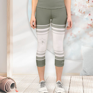 Leggings Capri Rayures Athlétiques Floral Zen Ivoire Vert Sauge