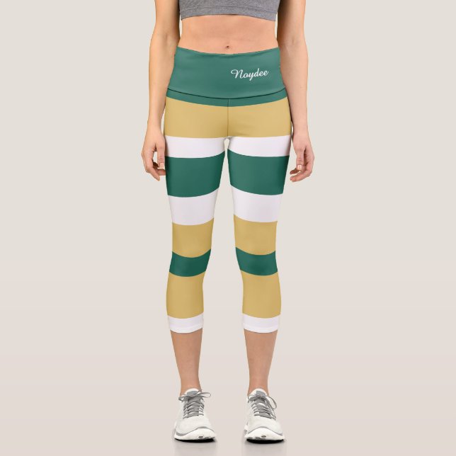 Leggings Capri Rayures Harmonieuses Lignes Vert Or Blanc (Recto)