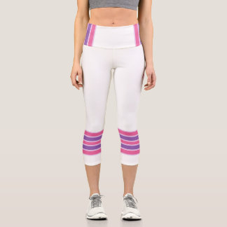 Leggings Capri Rayures Rétro Minimalistes, Rose Violet Blanc