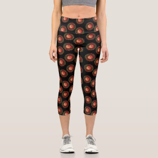 Leggings Capri Red and Gold Mandala Black Background