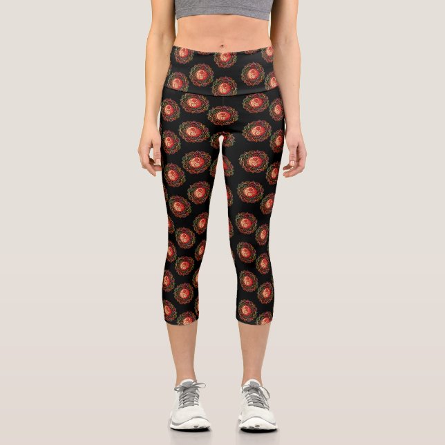 Leggings Capri Red and Gold Mandala Black Background (Recto)
