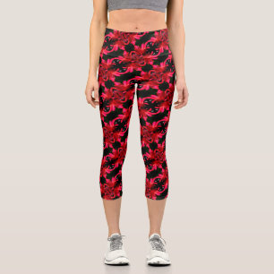 Leggings Capri Red Lily Floral Motif d'art Abstrait