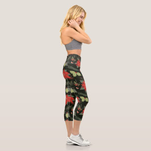 Leggings Capri Red Poinsettia Green Holly
