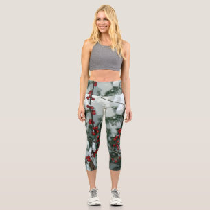 Leggings Capri Red Winter Berries Noël Fêtes femmes Capri