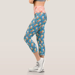 Leggings Capri Retro Blue rose japonais poisson Lucky Cat et Koi
