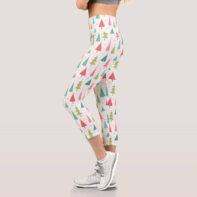 Leggings Capri Retro Joyeux arbres de Noël Fun Motif de vacances (Gauche)