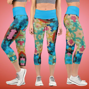 Leggings Capri Retro Mandala Flower Blue Vert et rose