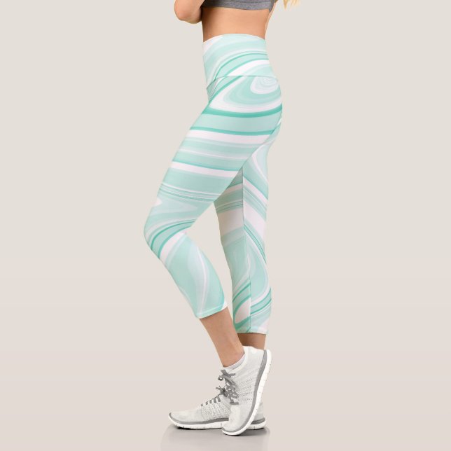Leggings Capri Retro Swirl Liquide Aqua Peinture Verte Esthétique (Gauche)