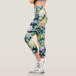 Leggings Capri Romantique Jaune Roses Blanches floral Bleu Design