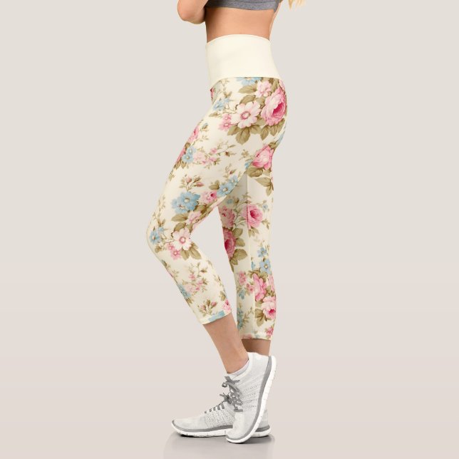 Leggings Capri Romantique rose Rose anglais sur jaune pâle (Gauche)