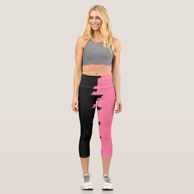 Leggings Capri Rose Et Noir Deux Couleurs Moitié Côtés Bandes (Recto)