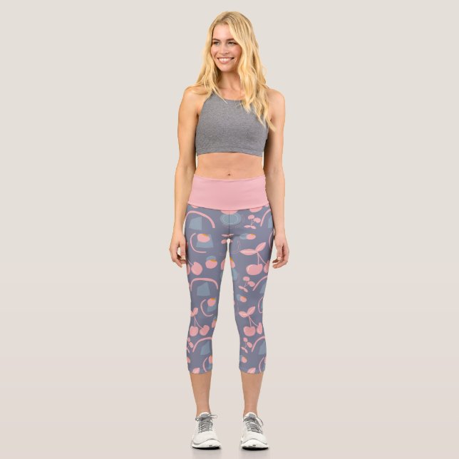 Leggings Capri rose frutal et gris avec motif cerise (Recto)