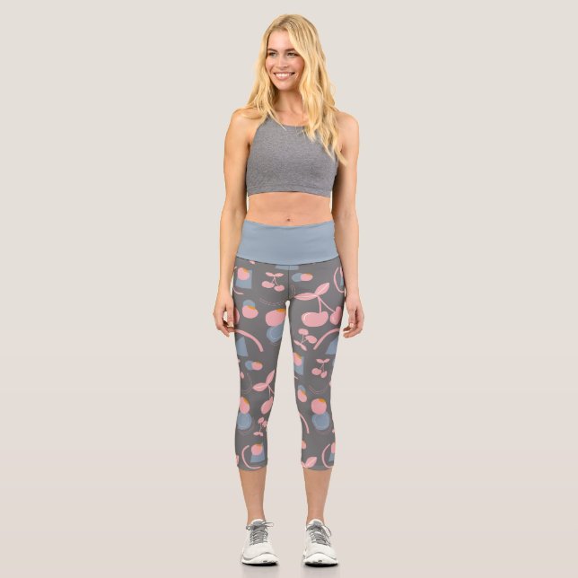 Leggings Capri rose frutal et gris avec motif cerise (Recto)